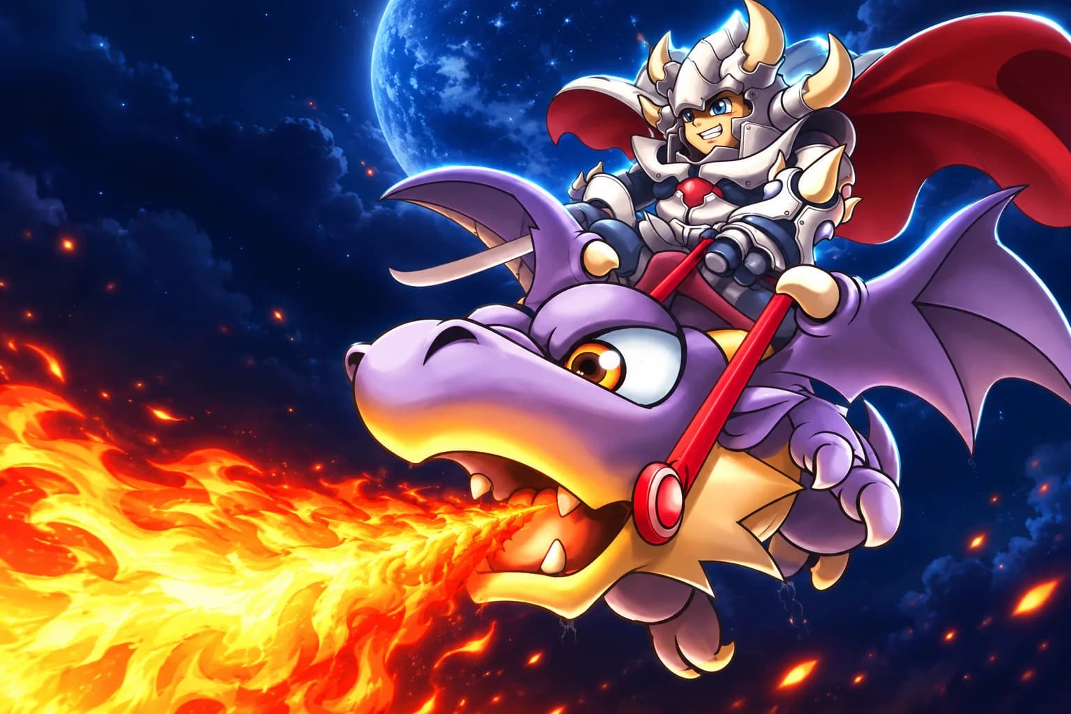 Recreación del dragón morado de DragonBound con su caballero de armadura y capa roja, lanzando fuego